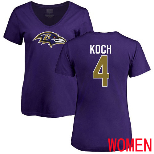 Baltimore Ravens Purple Women Sam Koch Name and Number Logo NFL Football #4 T Shirt